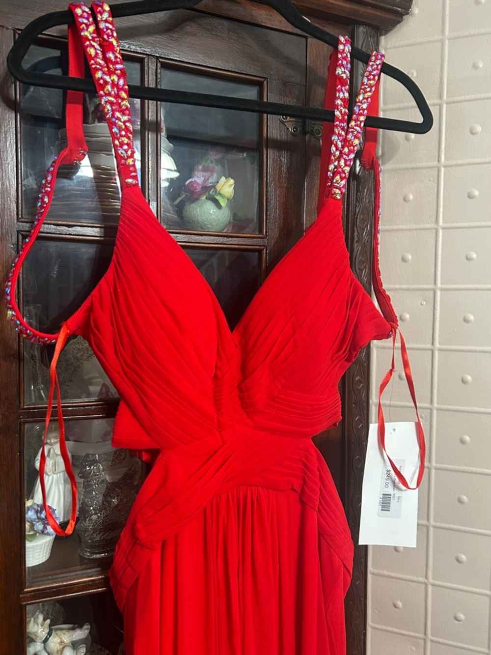 Prom: Red Ruched Prom Dress with Embellished Straps NWT - Picture 3 of 11